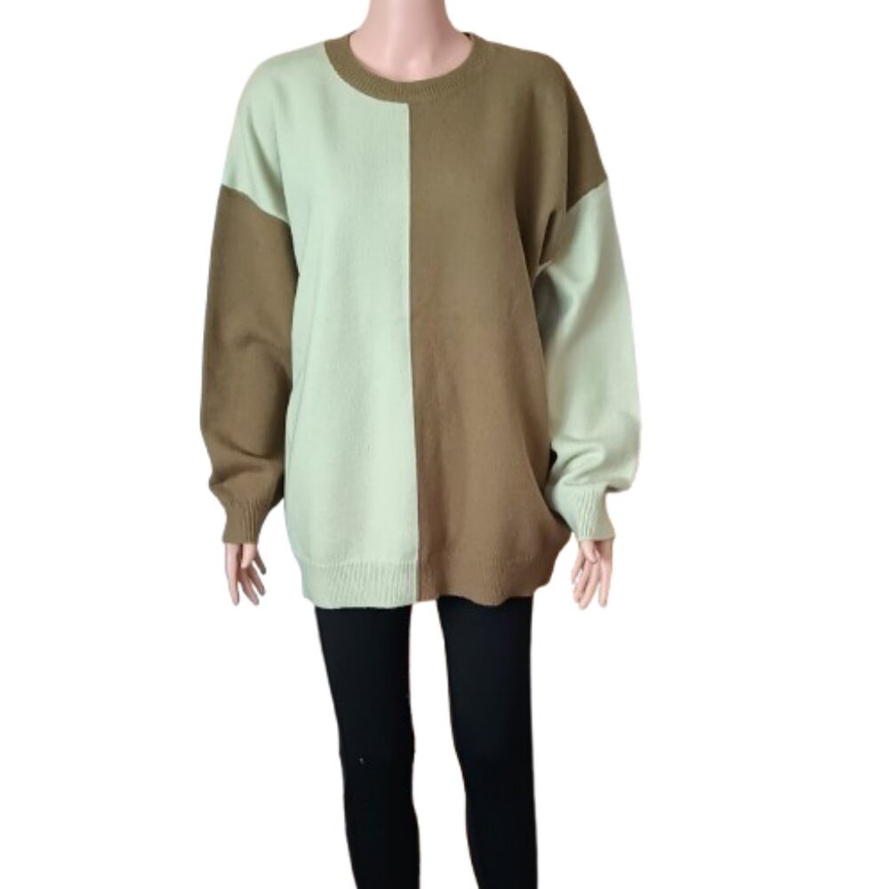 Andree By Unit Cozy Crewneck Sweater XL Green Color Block Drop Shoulder Soft